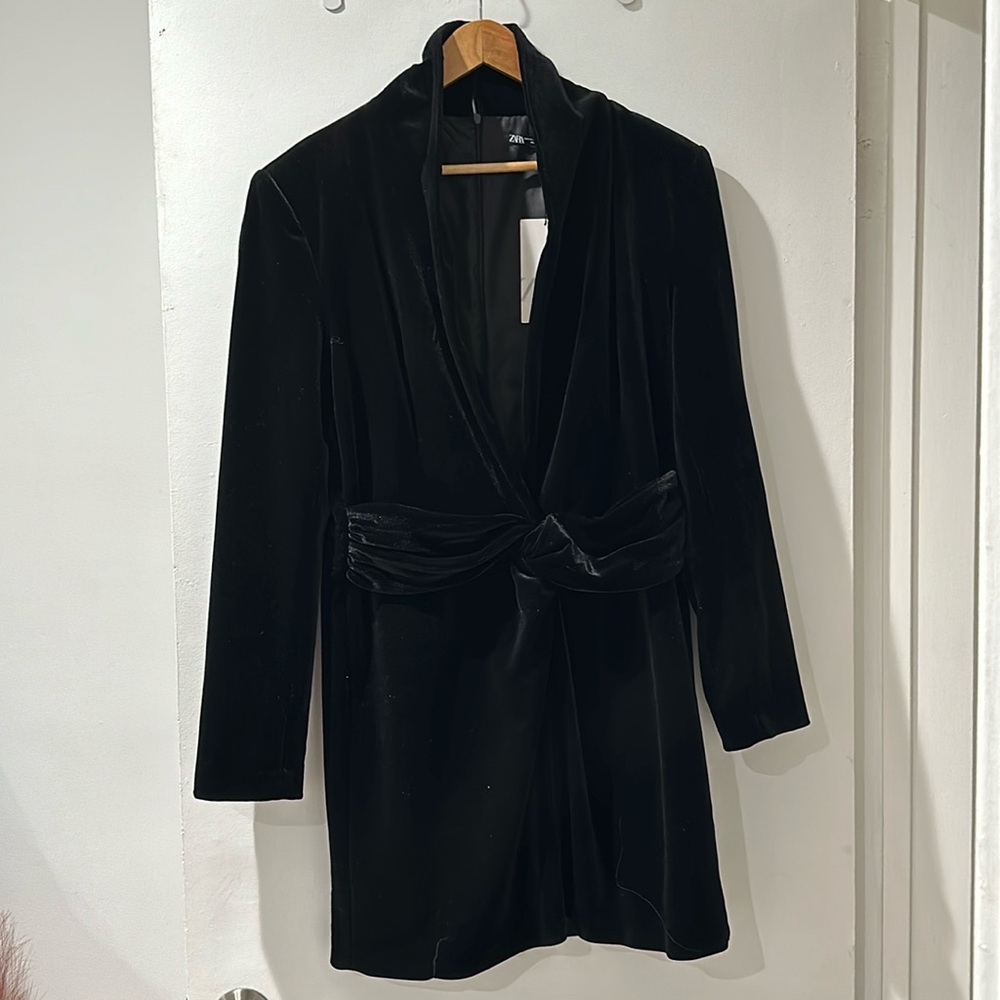 Zara Black Velvet Deep V Neck Mini Holiday Dress - Size XXL
